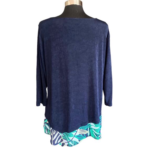 Chico's Travelers Collection Navy Slinky Knit Top Classic Palm Chiffon Trim XL - Picture 4 of 8